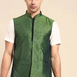 Anouk Men Green Ethnic Motif Printed Nehru Jacket with Pocket Square image 3