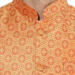 KISAH Men Beige & Orange Solid Kurta with Churidar and Nehru Jacket image 2