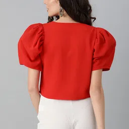 Kassually Red Solid Puff Sleeves Regular Crop Top image 3