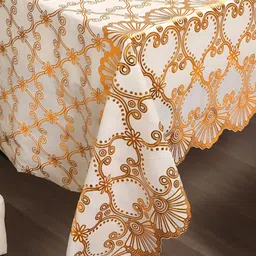 HOKIPO Gold-Toned & White Ethnic Motifs Printed 4-Seater Table Cover-13