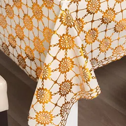 HOKIPO Gold Toned & White 6 Seater Floral Rectangle Table Cover-image-10