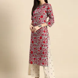Anouk Women Red & Grey Floral Printed Pure Cotton A-Line Kurta-picture-24