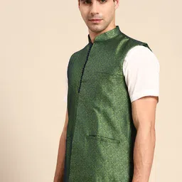 Anouk Men Green Ethnic Motif Printed Nehru Jacket with Pocket Square image 4