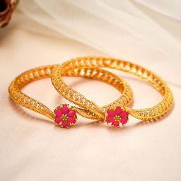 Rubans Set Of 2 Gold-Plated & Pink Stone-Studded Bangles-27