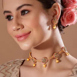 Rubans Gold-Plated Red & Green Stone Studded Jewellery Set-18