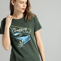 The Roadster Lifestyle Co Women Olive Green Printed Round Neck T-shirt-image-60