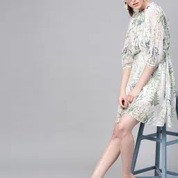 SASSAFRAS Off-White & Green Floral Printed A-Line Dress-picture-22