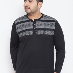bigbanana Plus Size Men Black  Grey Colourblocked Henley Neck T-shirt-image-87