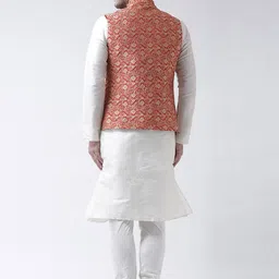 DEYANN Men White & Red Solid Kurta with Pyjamas & Nehru Jacket image 2