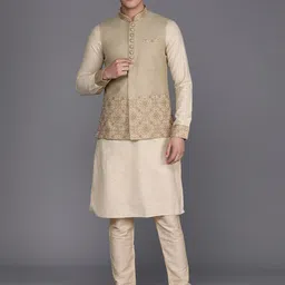 Manu Men Self Design Cotton Kurta Set with Nehru Jacket image 3