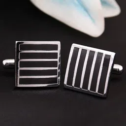 KOVOVE Men Black & Silver-Toned Striped Square Cufflinks-11