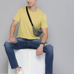 HERE&NOW Men Mustard Yellow Solid Pure Cotton T-shirt-image-14