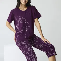 I like me Purple Abstract Printed Pure Cotton Night suit-image-60