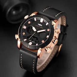 V2A Men Leather Multi Function Analogue Watch V2A-6009-Blk-Gld-Blk-6