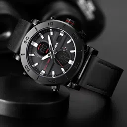 V2A Men Textured Dial Leather Multi Function Analogue Watch V2A-6010-Black-Black-13