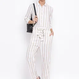 Crimsoune Club White & Grey Striped Cotton Basic Jumpsuit-57