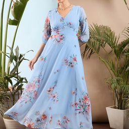 SASSAFRAS Blue & Peach-Coloured Floral Printed Maxi Dress-image-79