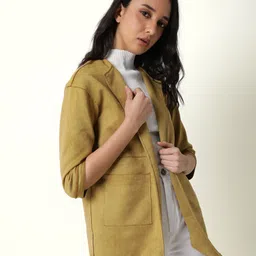 RAREISM Women Yellow Checked Longline Open Front Jacket-12