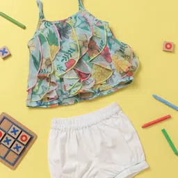 Nauti Nati Girls White & Pink Printed Top with Shorts-image-97