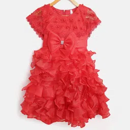 StyleStone Girls Red Solid Tiered Fit and Flare Dress-image-3