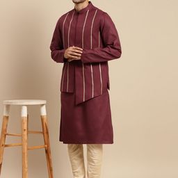 KISAH Men Maroon & Beige Kurta with Churidar & Nehru Jacket-picture-10