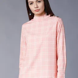 Tokyo Talkies Women Peach-Coloured Checked A-Line Top-image-33