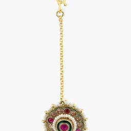 Adwitiya Collection 24KT Gold Plated Kundan Studded Pearl Beaded Rajasthani Maang Tikka-image-17
