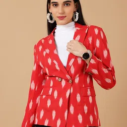 INDOPHILIA Ikat Printed Cotton Notched Lapel Collar Single-Breasted Blazer-picture-7