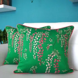 TARA- Sparkling Homes Green & Pink 2-Pieces Floral Square Cushion Covers-90