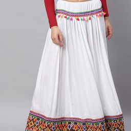BANJARA INDIA Women White Kutchi Embroidered Viscose Rayon Flared Maxi Skirt-image-1