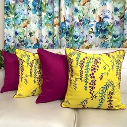 TARA- Sparkling Homes Yellow & Purple Set of 4 Embroidered Square Cushion Covers-19
