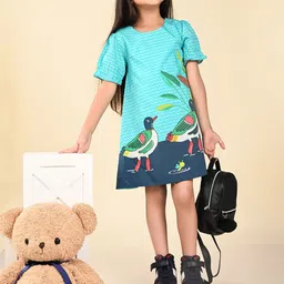 LilPicks Girls Conversational Printed Puff Sleeves Cotton A-Line Dress-picture-15
