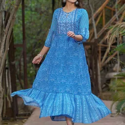 Juniper Ethnic Motifs Printed Georgette Tie-Up Neck Tiered A-Line Ethnic Dress-image-31