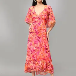 Amagyaa Floral Printed V-Neck Cape Sleeves A-Line Dress-image-25