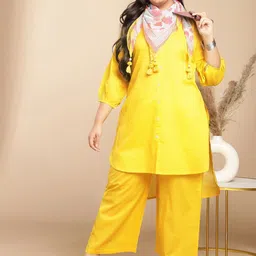 Janasya Plus Size Mandarin Collar Pure Cotton High-Low A-Line Kurta with Palazzos-25