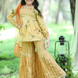 Cutiekins Girls Floral Printed Gathered Kurta & Sharara with Dupatta-picture-52