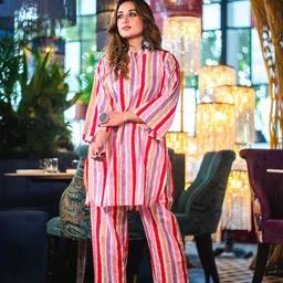 DIMPLE DESIGN STUDIO Mandarin Collar Striped Pure Cotton Tunic & Trouser-image-43