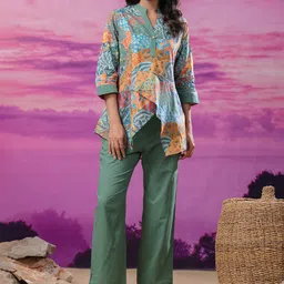 JISORA Green Tropical Printed Mandarin Collar Pure Cotton Top With Trousers-picture-11