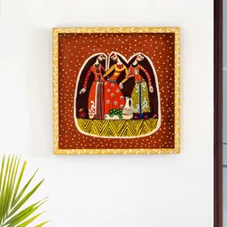 ExclusiveLane Red & Yellow Village Women Painted Wooden Wall Hanging-image-81