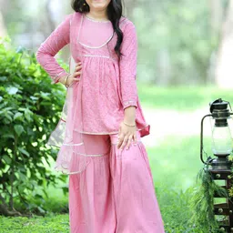Cutiekins Girls Floral Motifs Printed Empire Gotta Patti Kurta & Sharara with Dupatta-picture-35