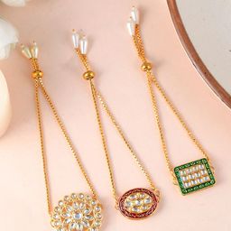 DASTOOR Women Set Of 3 Brass Onyx Gold-Plated Charm Bracelet-18