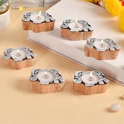 COOPTIC 6 Pcs Brown Wooden Elephant Scented Diya-image-41