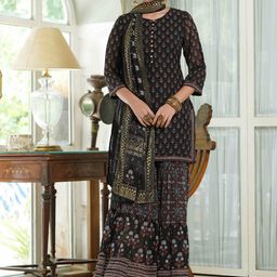 Juniper Women Black Ethnic Motifs Printed Pleated Kurti with Sharara & With Dupatta-picture-33