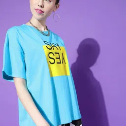 STREET 9 Women Turquoise Blue Printed Drop-Shoulder Pure Cotton T-shirt-image-98