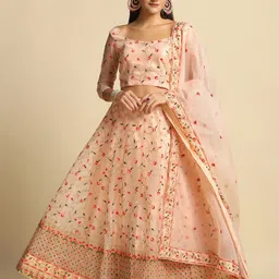 Warthy Ent Women Peach-Coloured & Green Semi-Stitched Lehenga & Unstitched Blouse With-26