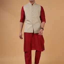 SHIWAM ETHNIX Mandarin Collar Regular Cotton Silk Kurta With Pyjama & Nehru Jacket-picture-9