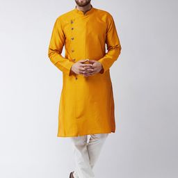 SOJANYA Men Yellow & Off-White Woven Design Kurta with Churidar-21