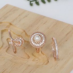 AMI Women Set Of 3 Rose Gold-Plated CZ -Studded & Pearl Beaded Adjustable Finger Rings-image-9