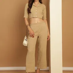 Indian Needle Self design Lapel Neck Top With Flared Trouser-image-99