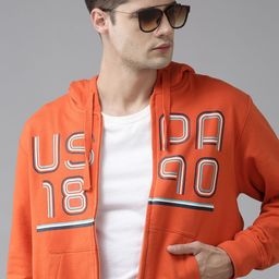 U S Polo Assn Men Orange Printed Hooded Front-Open Sweatshirt-picture-11